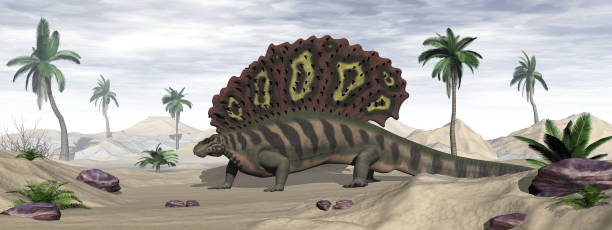 istock Edaphosaurus prehistoric animal walking on a rock - 3D render 1400493233