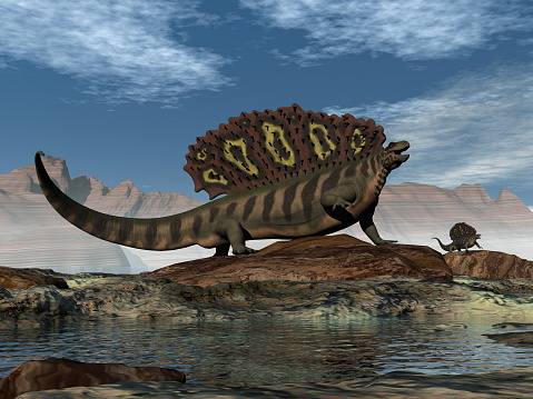 Edaphosaurus prehistoric animal walking on a rock by day - 3D render