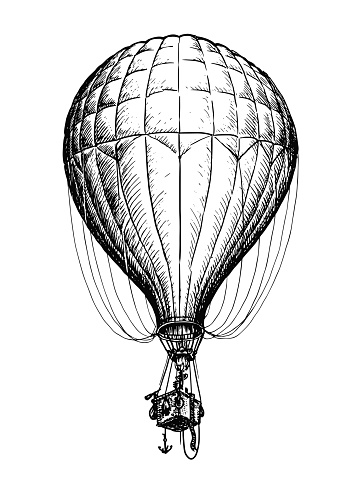 Vintage hot air balloon with basket isolated on white background. Travel, adventure, flight in sky vector illustration