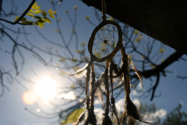 Hanging dreamcatcher silhouette at sunset.