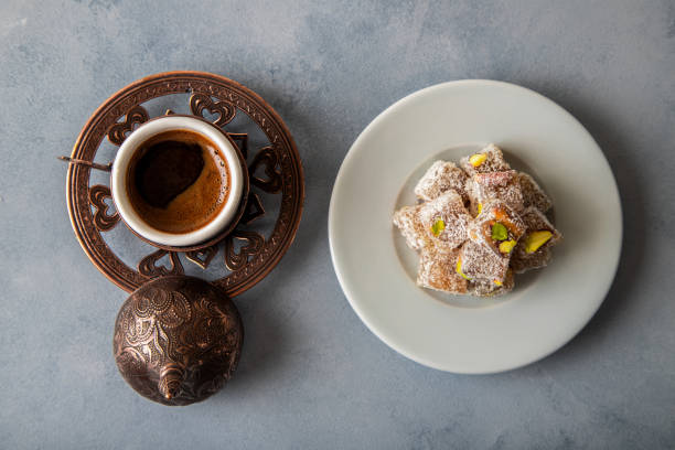 istock Traditional Turkish delight and Turkish coffee, directly above 1400494420