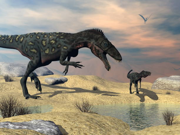 istock Masiakasaurus knopfleri dinosaurs in the desert - 3D render 1400496136