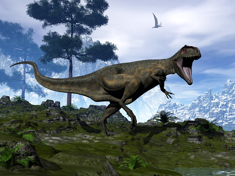 Giganotosaurus dinosaur walking and roaring in the nature - 3D render