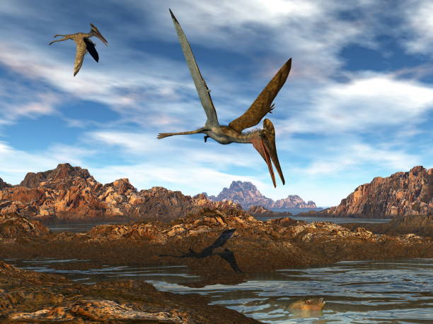 Pterodactylus flying upon water - 3D render stock photo