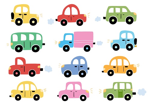 Cute cars in cartoon style collection. Transport clipart for kids and baby design. Vehicles isolated elements set. Vector illustration