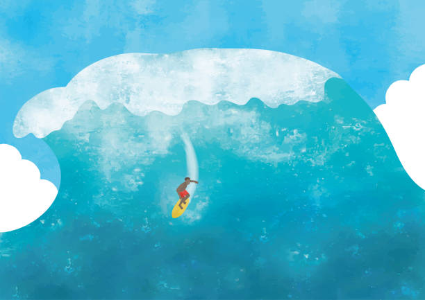 ilustrações de stock, clip art, desenhos animados e ícones de surfer and big wave watercolor - big wave surfing