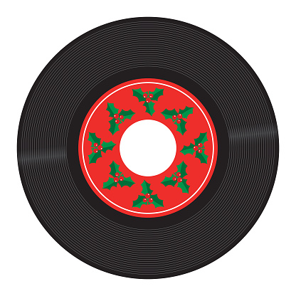 Vector illustration of a 45rpm record with a  Christmas holly on the red label.