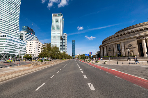 Warsaw, Poland - 18 August 2019: Tall office buildings on Emilii Plater Street in Downtown Warsaw, Poland