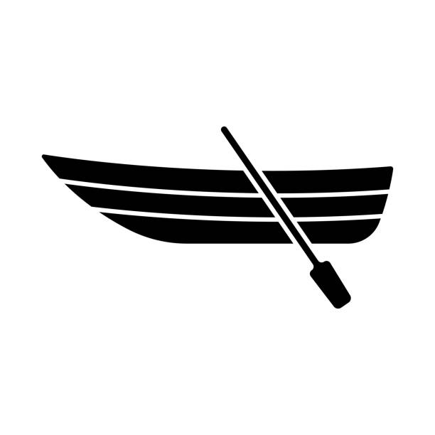 лодка со значком весла. черный силуэт. вид сбоку. векторная простая плоская графическая иллюстрация. изолированный объект на белом фоне. из� - rowing rowboat sport rowing oar stock illustrations