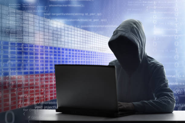 istock Russian hacker at laptop. Malware and virus. 1400508698