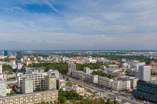 Warsaw, Poland - 20 August, 2019: Aerial view of Downtown Warsaw city in a sunny day.