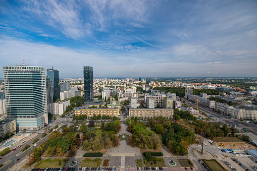Warsaw, Poland - 20 August, 2019: Aerial view of Downtown Warsaw city in a sunny day.