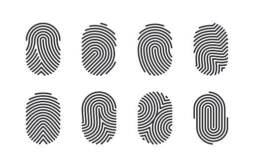 Set of fingerprint line vector icons. Editable stroke.