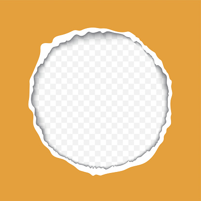 Ragged torn round hole in orange paper and transparent background of the resulting window. Realistic vector illustration. Round frame mockup for banner and poster.