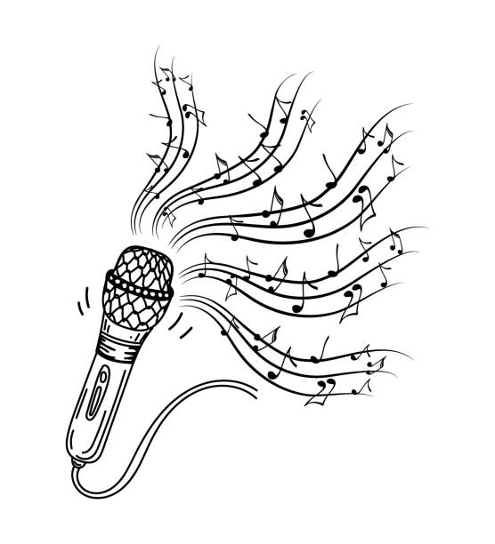 ilustrações de stock, clip art, desenhos animados e ícones de karaoke music icon in doodle style. vintage microphone with notes vector cartoon illustration on white isolated background. monochrome illustration. audio equipment concept with bright rainbow melody - musical staff musical note music musical symbol