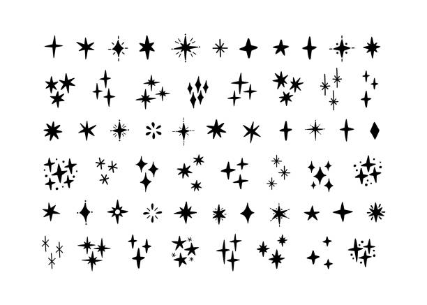 ilustraciones, imágenes clip art, dibujos animados e iconos de stock de colección vectorial de siluetas de estrellas dibujadas a mano. - forma de estrella