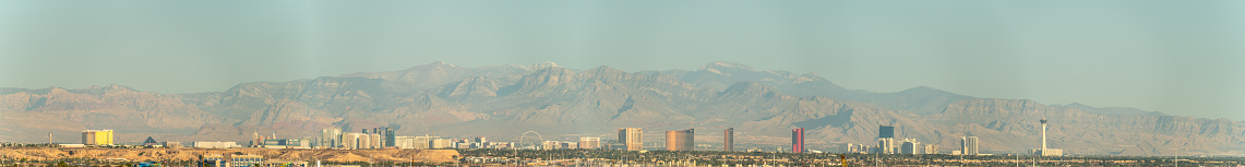 Las Vegas, Nevada - May 1, 2022: Day time View of the Las Vegas Strip From Far away Large Mountains in the background