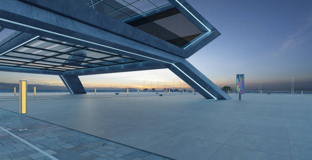 istock 3d perspective view of empty concrete floor and modern rooftop building 1400515534