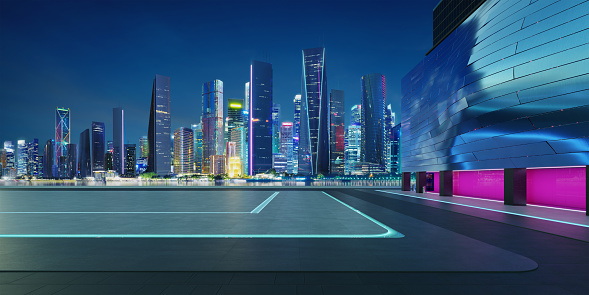 Perspective view of empty floor with modern building and beautiful nigh city background. 3d rendering