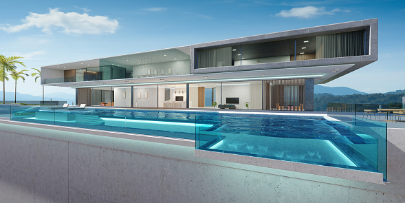 Luxury villa exterior design with beautiful infinity pool.3d rendering