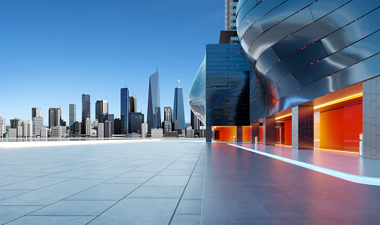 Empty floor with modern buildings with red glass window and bump shape design steel facade wall. 3d rendering