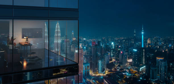 istock 3d Office with night city skyline 1400516936