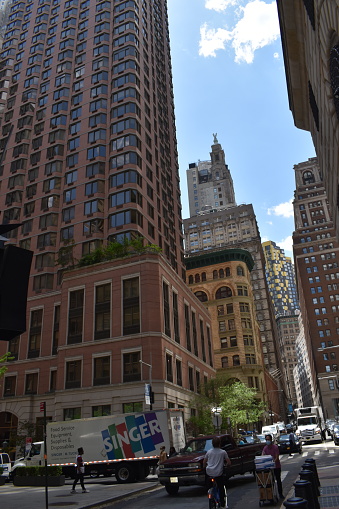 Manhattan, New York City, USA - May 5, 2022 - Buildings and skyscrapers on the Financial District including the Liberty Plaza on 10 Liberty Street.