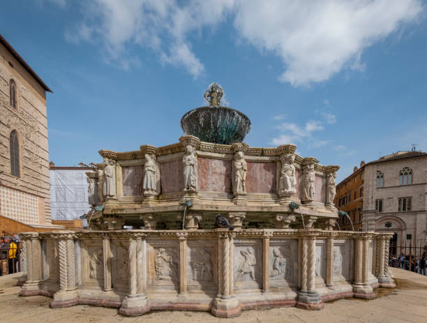 Perugia: the medieval Maggiore Fountain. Color image stock photo
