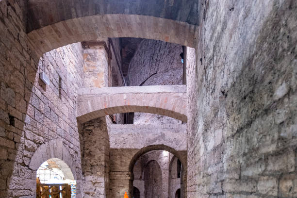 Internal view of the medieval Rocca Paolina, ancient fortress in the old city centre of Perugia. Ancient etruscan, roman and medieval village, nowadays is the capital of Umbria region Center Italy.