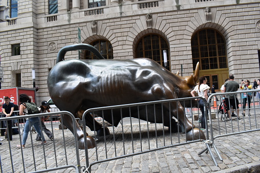 Manhattan, New York City, United States of America - May 17, 2022 - The Charging Bull or the Bull of Wall Street is a sculpture or statue of a bronze bull. This sculpture is located on Broadway, Wall Street in the Financial District.