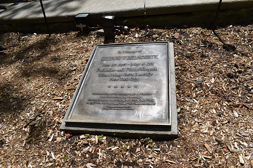Manhattan, New York City, USA- May 17, 2022 - The George T. Delacorte Memorial next to the fountain in the Bowling Green Park.