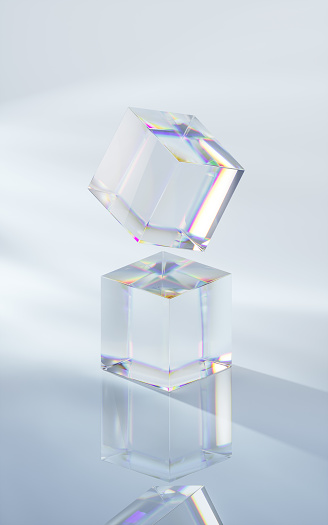 Glass cube with bright background, 3d rendering. Computer digital drawing.