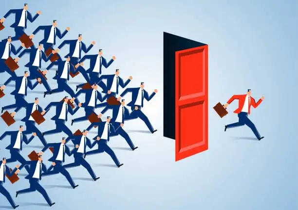 Vector illustration of A group of businessmen ran into the open door together but only one businessman managed to get out