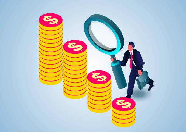 Isometric businessman holding a magnifying glass and looking at a bar graph composed of gold coins, business financial future forecast and business financial development analysis Isometric businessman holding a magnifying glass and looking at a bar graph composed of gold coins, business financial future forecast and business financial development analysis currency chasing discovery making money stock illustrations