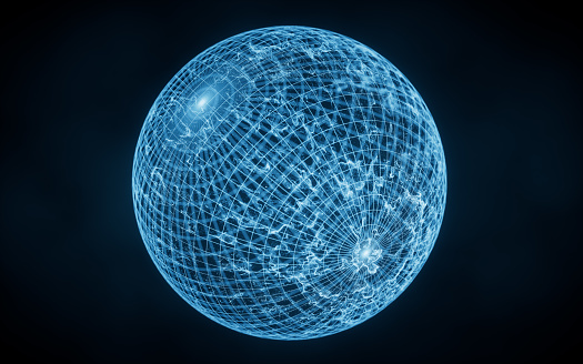 Wave particles with the shape of sphere, 3d rendering. Computer digital drawing.