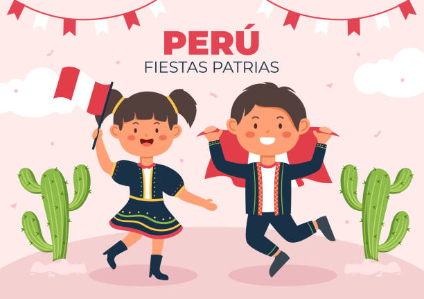  Ilustración de Felices Fiestas Patrias O Día De La Independencia Peruana Ilustración De Dibujos Animados Con Bandera Y Gente Linda Para La Fiesta Nacional Perú Celebración El   De Julio En Estilo