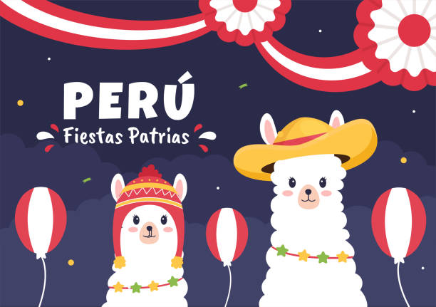  Ilustración de Felices Fiestas Patrias O Día De La Independencia Peruana Ilustración De Dibujos Animados Con Bandera Para La Fiesta Nacional Perú Celebración El   De Julio En Fondo De Estilo Plano