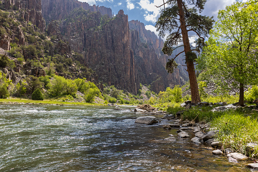 A view from inside Black Canyon of the Gunnison National Park in Colorado by the river at the bottom of the canyon