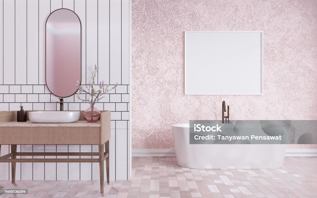 Modern home bathroom interior pink tone Modern home bathroom interior pink tone with concrete wall and wash basin with mirror, bathtub,mosaic tile floor.3d rendering Interior Designer Stock Photo