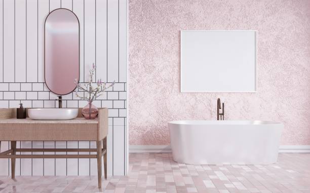 Modern home bathroom interior pink tone Modern home bathroom interior pink tone with concrete wall and wash basin with mirror, bathtub,mosaic tile floor.3d rendering bathroom designer shower house stock pictures, royalty-free photos & images