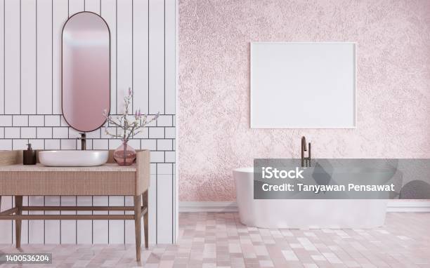 Modern Home Bathroom Interior Pink Tone Stock Photo - Download Image Now - Interior Designer, Tile, Domestic Room