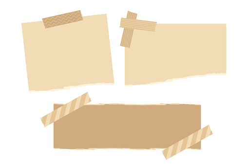 Set of torn kraft paper with decoration tapes. Flat vector illustration.