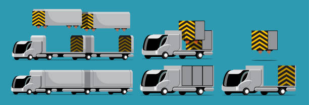 set aus mockup high-tech truck und container mit modernem stil - warehouse distribution warehouse occupation truck stock-grafiken, -clipart, -cartoons und -symbole