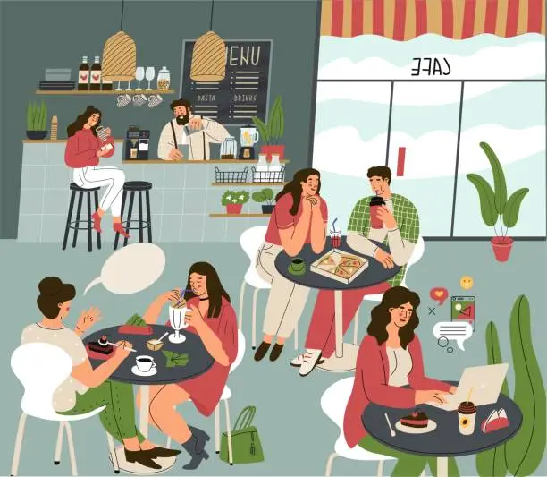 Vector illustration of People in cafe. Men and women have lunch or work in the food court. Freelancer works on laptop at restaurant. Barista and customers inside modern coffee shop. Flat style vector illustration.