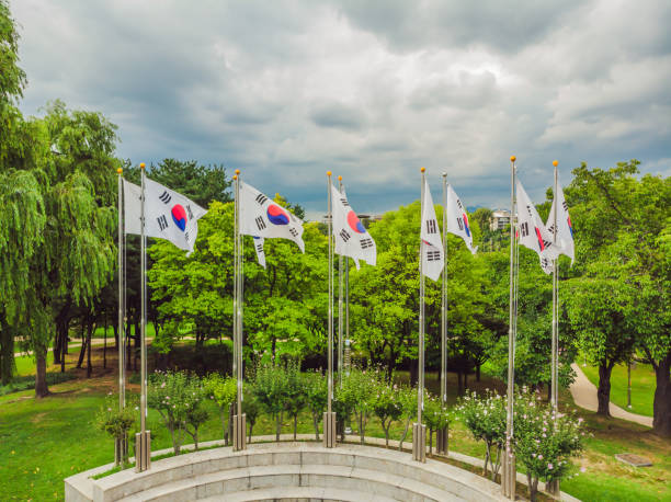 istock Many flags of South Korea on flagpoles 1400542896