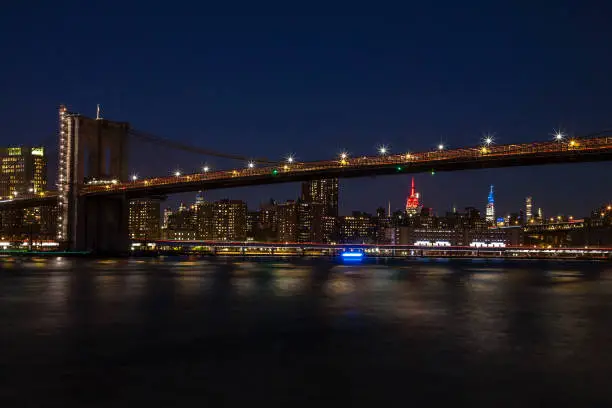 View of Manhattan Bridge and Manhattan at twilight