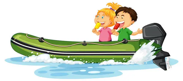 Vector illustration of Couple kids on dinghy boat