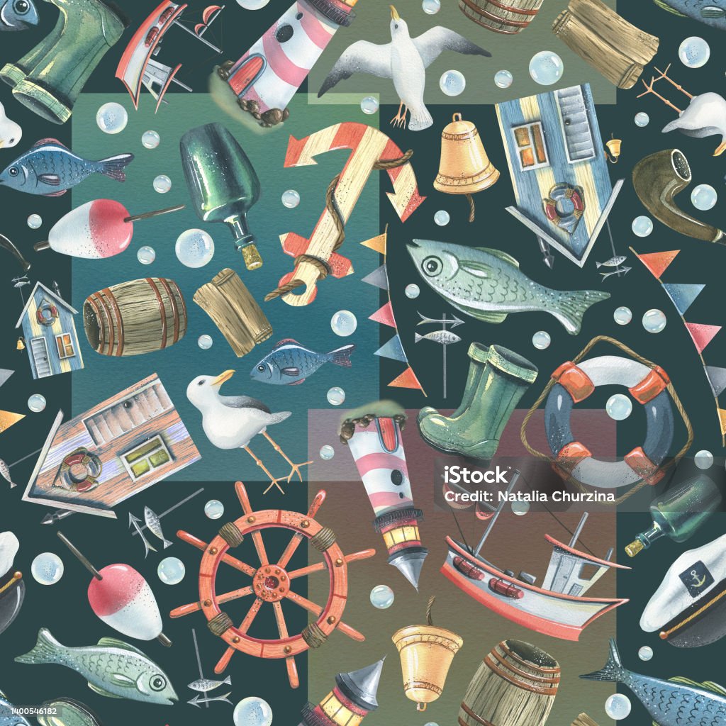 Watercolor Illustration On The Theme Of Sea Fishing Seamless Pattern With Many Elements On A Dark Blue Background For Fabric Textiles Design Prints Souvenirs Covers Wallpaper Paper Stock Illustration - Download Image Watercolor Illustration On The Theme Of Sea Fishing Seamless Pattern With Many Elements On A Dark Blue Background For Fabric Textiles Design Prints Souvenirs Covers Wallpaper Paper Stock Illustration - Download Image