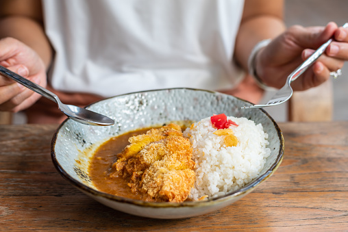 Curry rice with crispy fired pork cutlet a famous and delicious traditional japanese food.