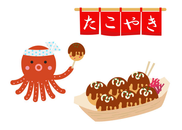Illustration of takoyaki and octopus Popular Japanese fast food takoyaki and octopus characters takoyaki stock illustrations